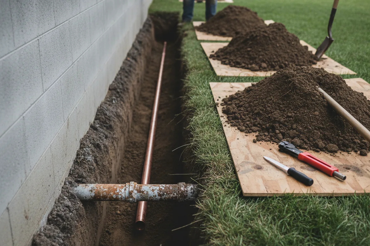 Excavated water line trench during Water Softener Installation in Frederick